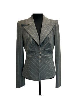 Armani Collezioni gray tailored structured pinstriped ruched blazer jacket 42